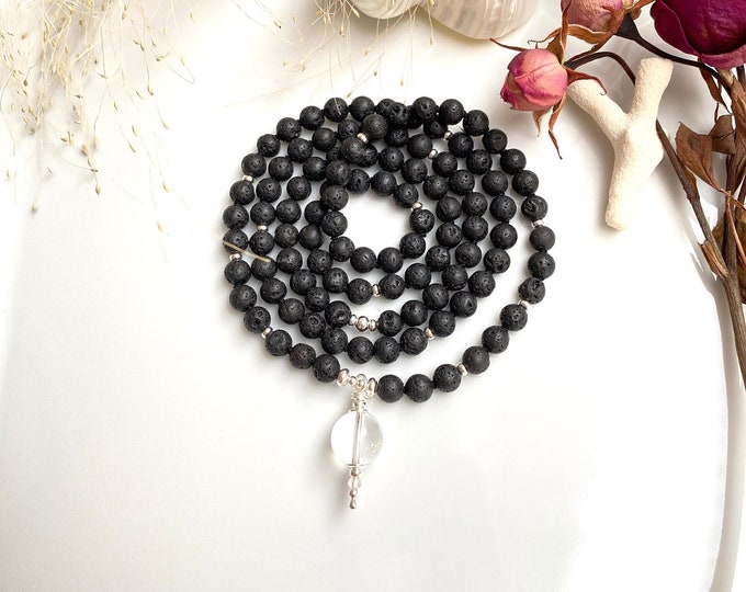 Mala made of basalt lava, decorated with silver, final bead rock crystal, prayer beads for men and women, yoga jewelry
