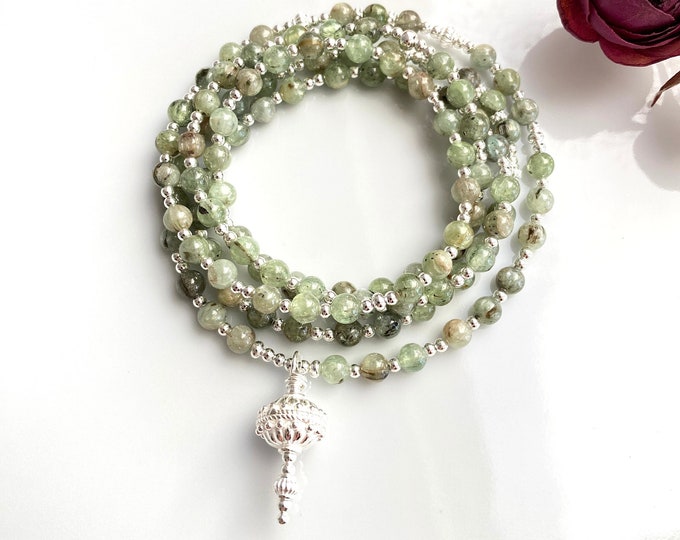Mala made of green disthene and silver, end bead made of sterling silver, elaborately designed prayer beads made of 108 rare beads, yoga jewelry
