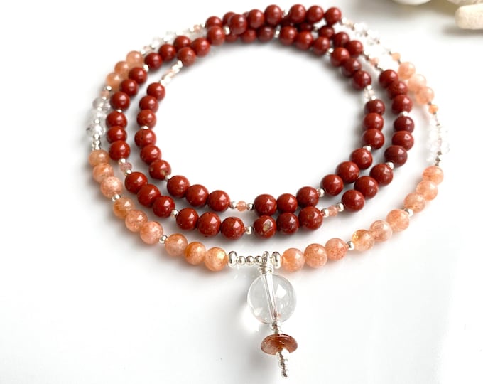 Mala made of jasper red, sunstone (A), rock crystal and silver, final pearl rock crystal; Prayer Chain - Energy, Joy and Clarity