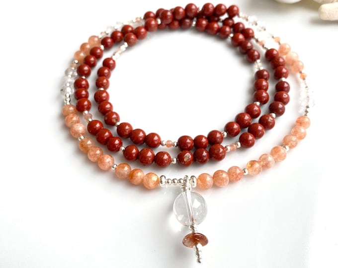 Mala made of red jasper, sunstone (A), rock crystal and silver, final bead rock crystal; prayer beads - energy, joy and clarity