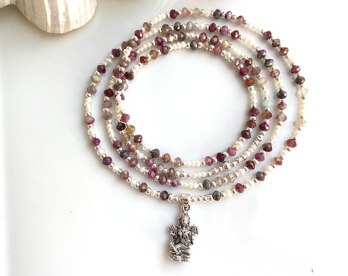 Dainty mala made of tourmaline, freshwater pearls and silver with a Green Tara pendant