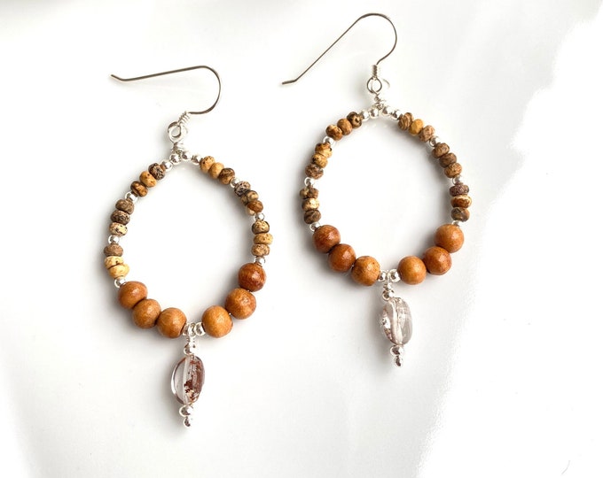 Earrings in silver, mango wood, landscape jasper and inclusion quartz