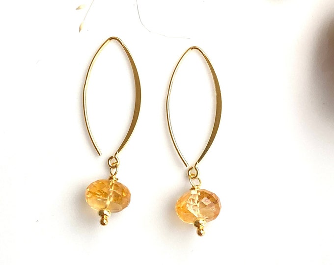 Citrine and gold plated silver earrings, navette shape, sparkling gift for women