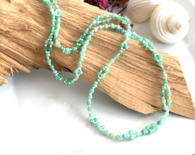 Tantric Mala Necklace made of emerald and sterling silver "Finding Meaning and Achieving Goals", tantric yoga necklace with 416 beads