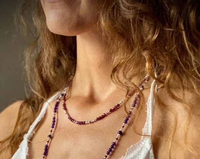 Garnet necklace purple, faceted and silver (925), short necklace, sparkling