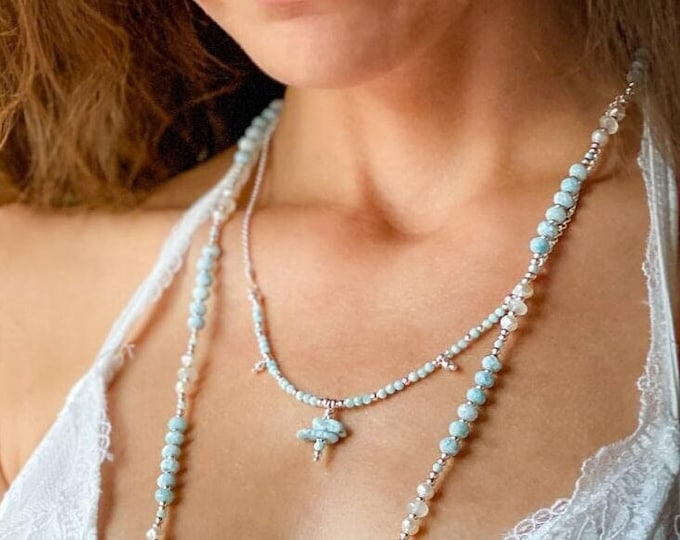 Necklace made of Larimar and silver sterling (925), delicate with small pendant, gift for women