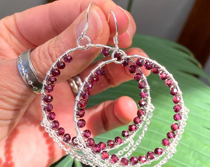 Chandelier earrings made of garnet with sterling silver, hoop earrings