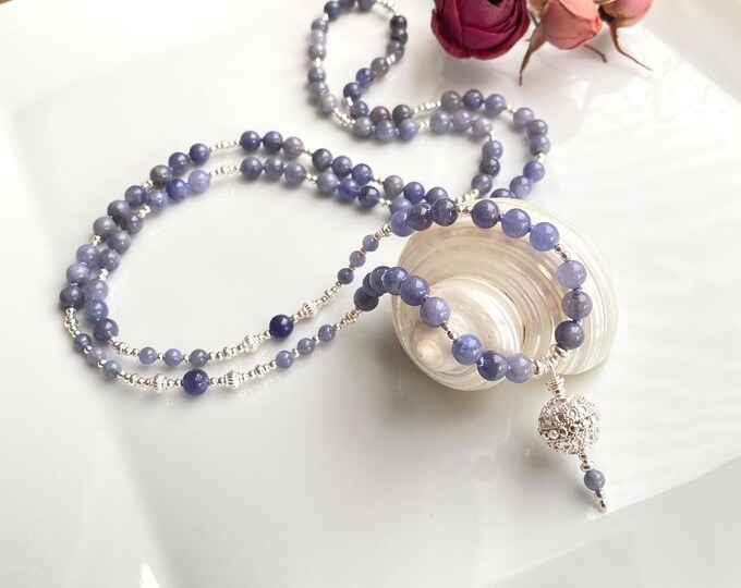 Mala made of tanzanite with silver sterling 925, prayer necklace made of 108 healing stones, yoga jewelry, meditation necklace "Transformation, Calling"