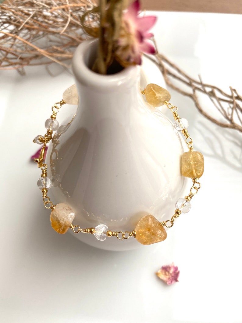 Bracelet en citrine et cristal de roche sur fil de joaillerie plaqué or image 3