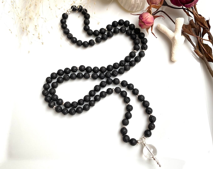 Black mala made of basalt lava, decorated with silver, with a rock crystal end bead, necklace, prayer beads for men and women, yoga jewelry