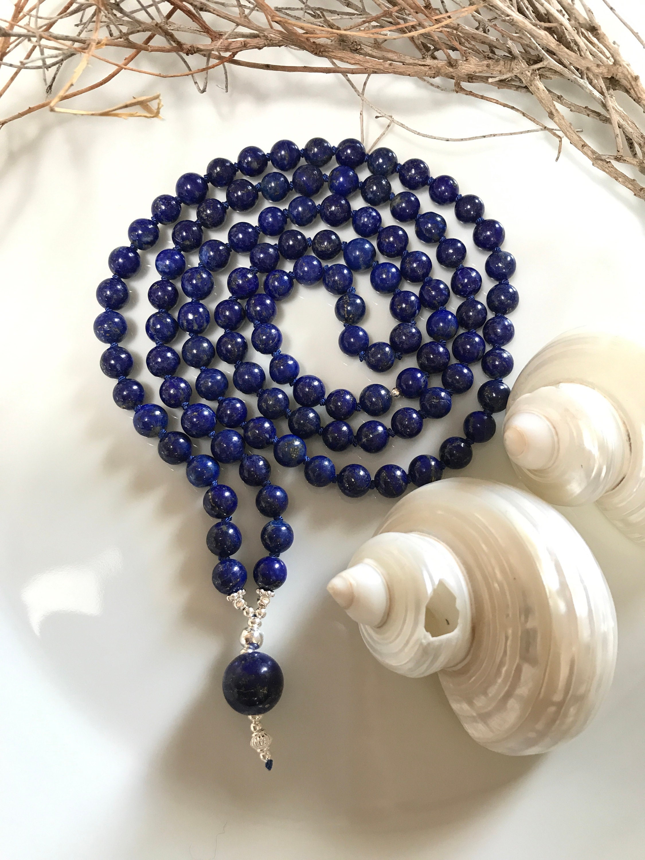 Simple mala from Lapislazuli (A), closing pearl of lapis lazuli and ...