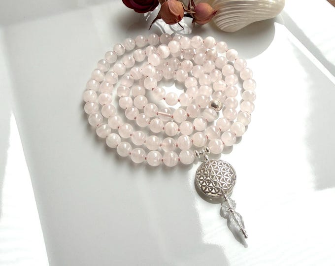 Mala necklace made of pink calcite, guru bead pendant Flower of Life, prayer beads with 108 manganocalcite beads, yoga jewelry