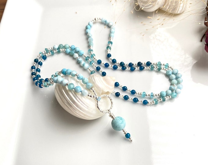 Exceptional mala made of larimar and apatite blue, decorated with silver, delicate, elegant necklace and prayer beads in extra quality