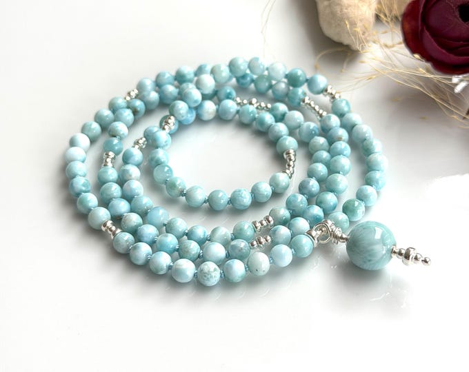 Delicate, simple mala made of Larimar (5 mm), decorated with silver, Larimar end bead, precious prayer beads for men and women
