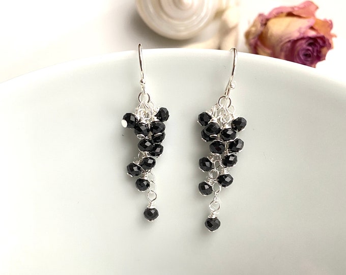 Earrings made of tourmaline schorl and silver sterling, cluster shape, grape shape, gift for women