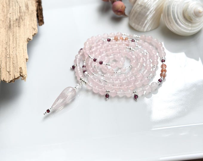 Mala necklace made of 6 mm rose quartz and sunstone, decorated with rock crystal, garnet and silver, prayer beads, yoga jewelry with chakra crystals