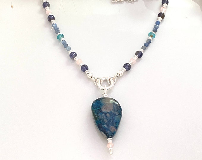 Necklace made of Shattuckite, Morganite, Iolite, Kyanite, Apatite and Sterling Silver, Pendulum Necklace, Amulet Necklace