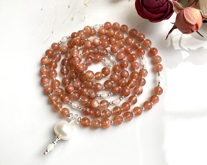 Mala necklace made of sunstone, decorated with moonstone and sterling silver, freshwater pearl end element, prayer beads with 108 beads