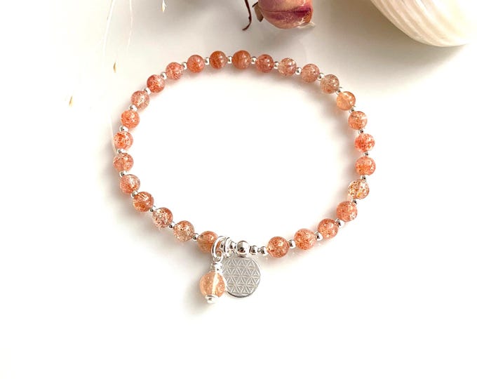 Mini mala made of sunstone decorated with silver and pendant with the flower of life, bracelet, yoga jewelry, jewelry with chakra crystals