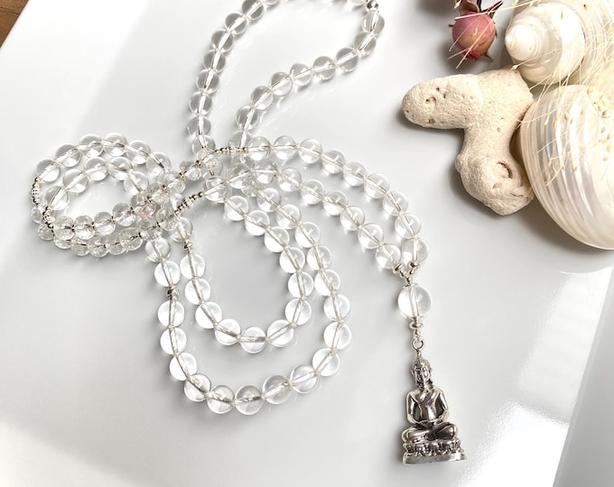 AA 8 mm rock crystal mala, decorated with silver, Buddha pendant, yoga jewelry, necklace, prayer beads with 108 beads, for Zen seekers