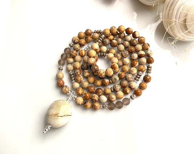 Mala made of landscape jasper and smoky quartz, end bead amulet stone, decorated with sterling silver, mala for men and women, yoga jewelry