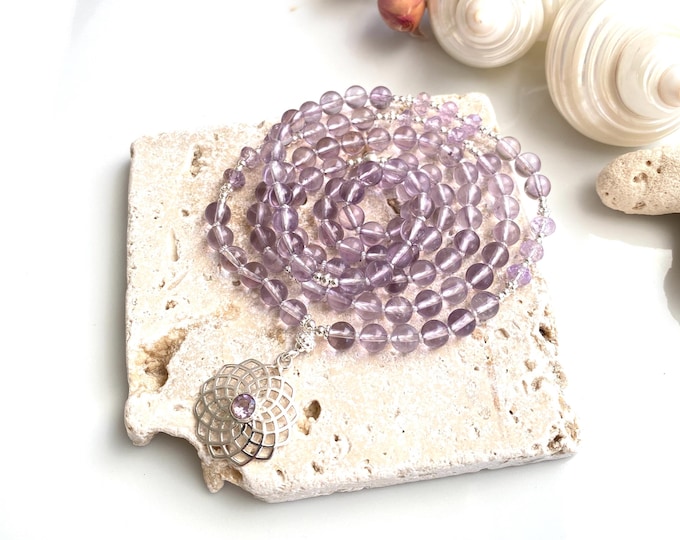Crown Chakra - Mala made of light amethyst and ametrine, decorated with silver, amethyst mala with mandala - Sahasrara pendant, yoga jewelry
