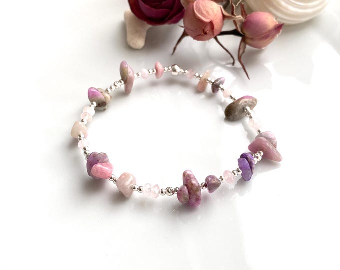 Bracelet made of morganite, sugilite and accompanying minerals with silver (925), casual, made of splinters, gift for jewelry enthusiasts, yoga jewelry