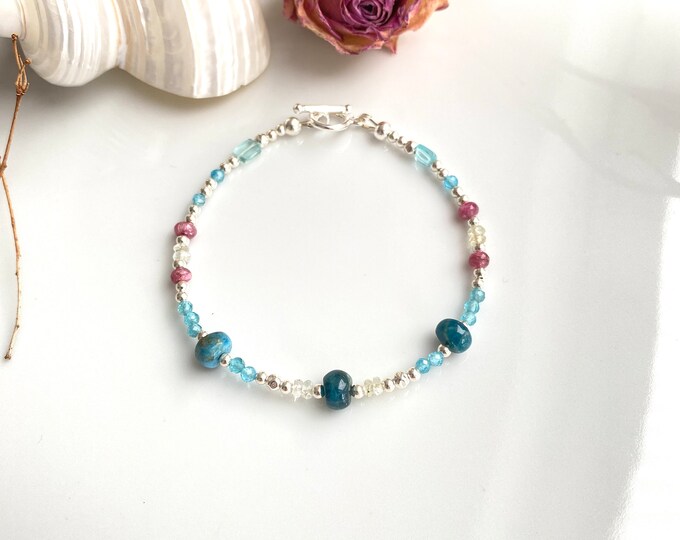 Casual silver bracelet with apatite, tourmaline, and heliodor, gift for women