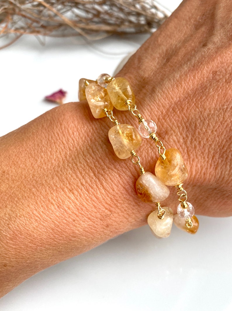 Bracelet en citrine et cristal de roche sur fil de joaillerie plaqué or image 8