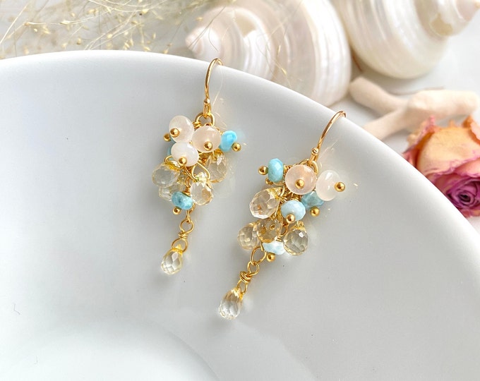 Earrings made of larimar, moonstone, citrine and silver gold plated, cluster - earrings, grape shape, gift for women