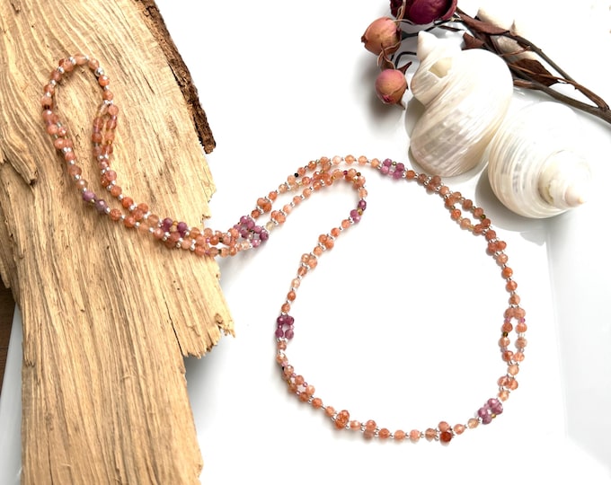 Tantric Mala necklace made of sunstone and tourmaline, pink, multicolored, and sterling silver "Celebrating Life", tantric yoga necklace with 416 beads