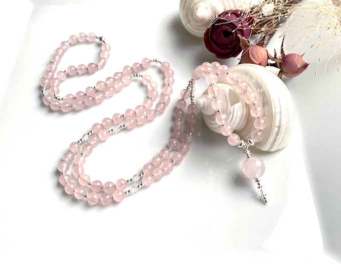 Rose quartz mala (A, semi-transparent, 6 mm), decorated with silver and rock crystal, yoga jewelry, jewelry with chakra crystals,