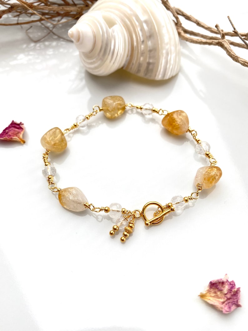 Bracelet en citrine et cristal de roche sur fil de joaillerie plaqué or image 1