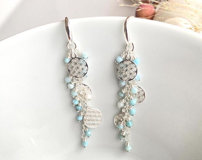 Larimar - Sterling silver earrings with the Flower of Life, long drop earrings