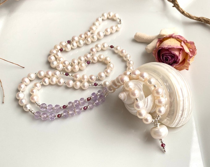 Mala necklace made of freshwater pearls white and amethyst, decorated with garnet and silver sterling