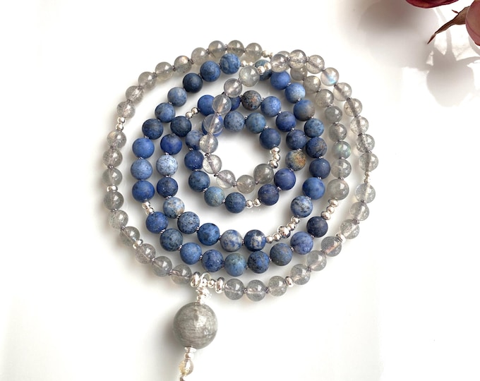 Mala made of matte labradorite and dumortierite, end bead made of labradorite, yoga jewelry for zen seekers, prayer beads for men and women