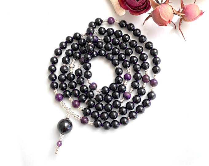 Mala made of Sugilite and Tourmaline Schorl, decorated with sterling silver, yoga jewelry, powerful black prayer beads for men and women