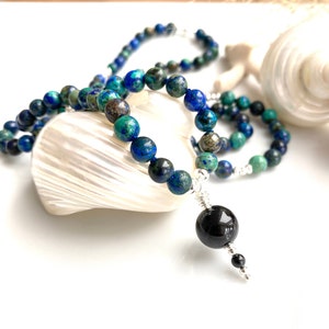 Mala made of azurite malachite, decorated with silver sterling 925, final bead black tourmaline, prayer chain made of 108 rare beads image 7