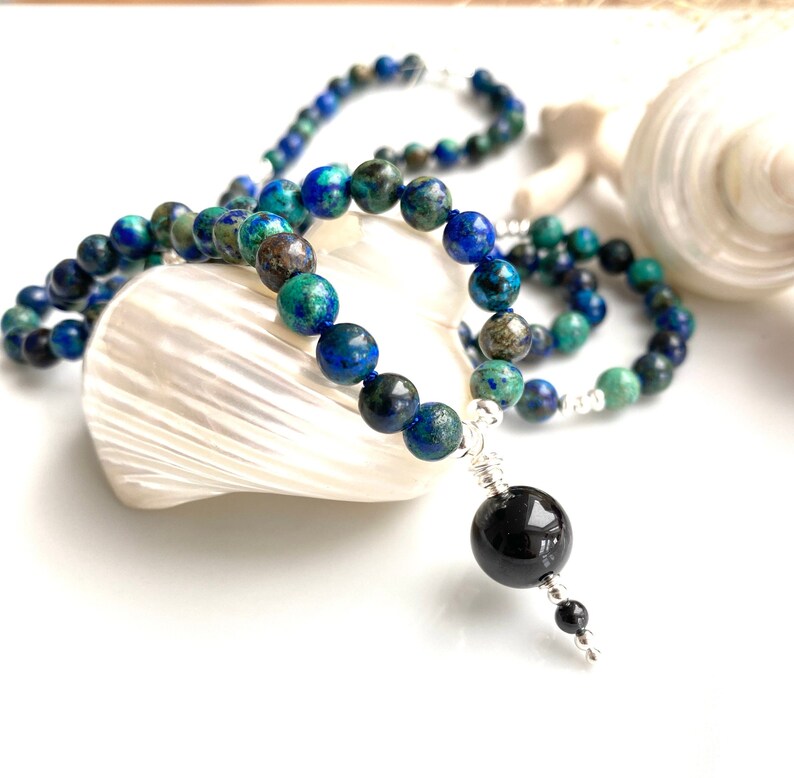 Mala made of azurite malachite, decorated with silver sterling 925, final bead black tourmaline, prayer chain made of 108 rare beads image 7