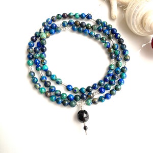 Mala made of azurite malachite, decorated with silver sterling 925, final bead black tourmaline, prayer chain made of 108 rare beads image 4