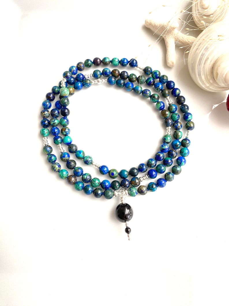 Mala made of azurite malachite, decorated with silver sterling 925, final bead black tourmaline, prayer chain made of 108 rare beads image 4