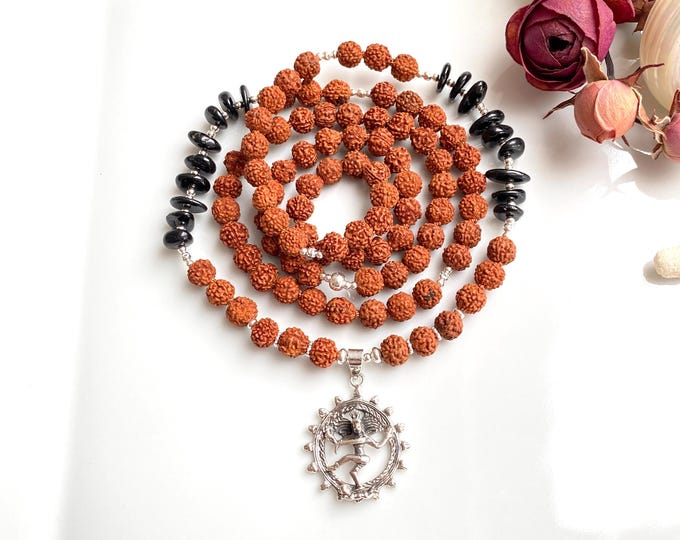 Rudraksha and tourmaline mala with silver Shiva Nataraj pendant, prayer beads, long necklace for men and women, yoga jewelry