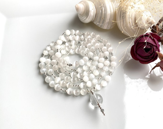 Long mala necklace made of selenite with silver, rock crystal bead, prayer beads made of 108 rare healing stones, yoga jewelry