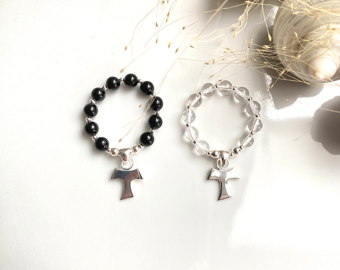 Mini rosary, finger rosary made of rock crystal or black tourmaline with silver and cross in silver (sterling), handcrafted