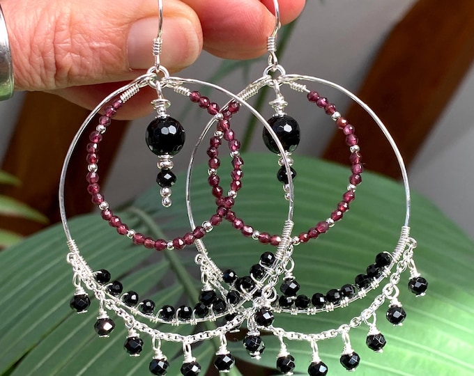 Black chandelier earrings made of tourmaline and garnet with sterling silver, hoop earrings, hippie style