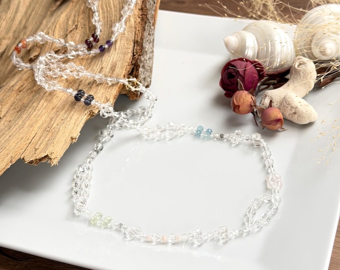 Tantric Mala Kette aus Chakra-Kristallen, Bergkristall und Silber Sterling "Stärke, Licht und Schutz", Yoga-Schmuck, Kundalini Yoga