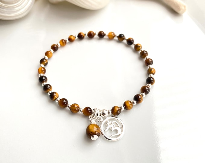 Mini mala made of tiger eye decorated with silver, tiger eye final bead and OM pendant, bracelet, prayer beads