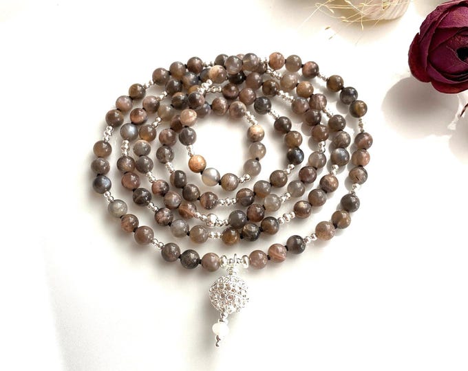 Mala made of dark moonstone, decorated with sterling silver, end bead with sterling silver ornaments, prayer beads, yoga jewelry
