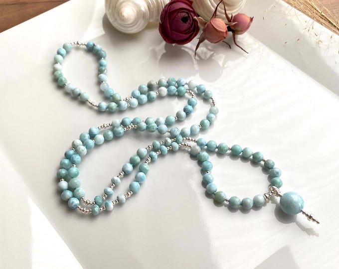 Valuable mala made of Larimar, decorated with silver, final bead Larimar, prayer chain made of 108 healing stones, yoga jewelry, meditation necklace