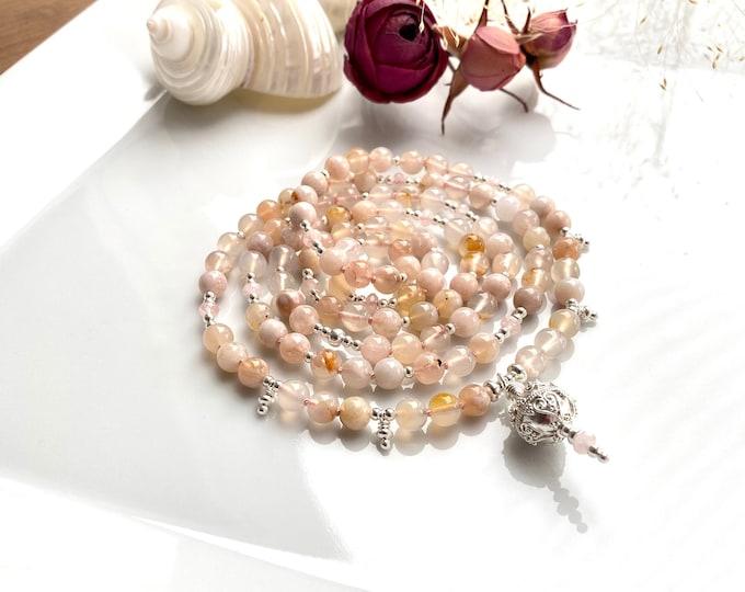 Mala made of cherry blossoms - agate, decorated with silver sterling, final bead with ornaments made of silver sterling, prayer beads in delicate colors